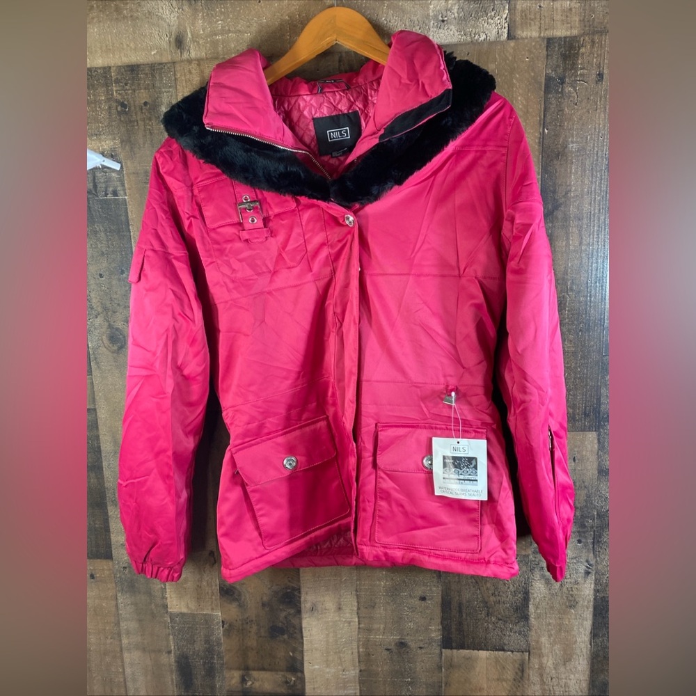 Vintage Nils Ski Jacket Womens 14 Hot‎ Pink Faux Fur Collar Insulated 90s